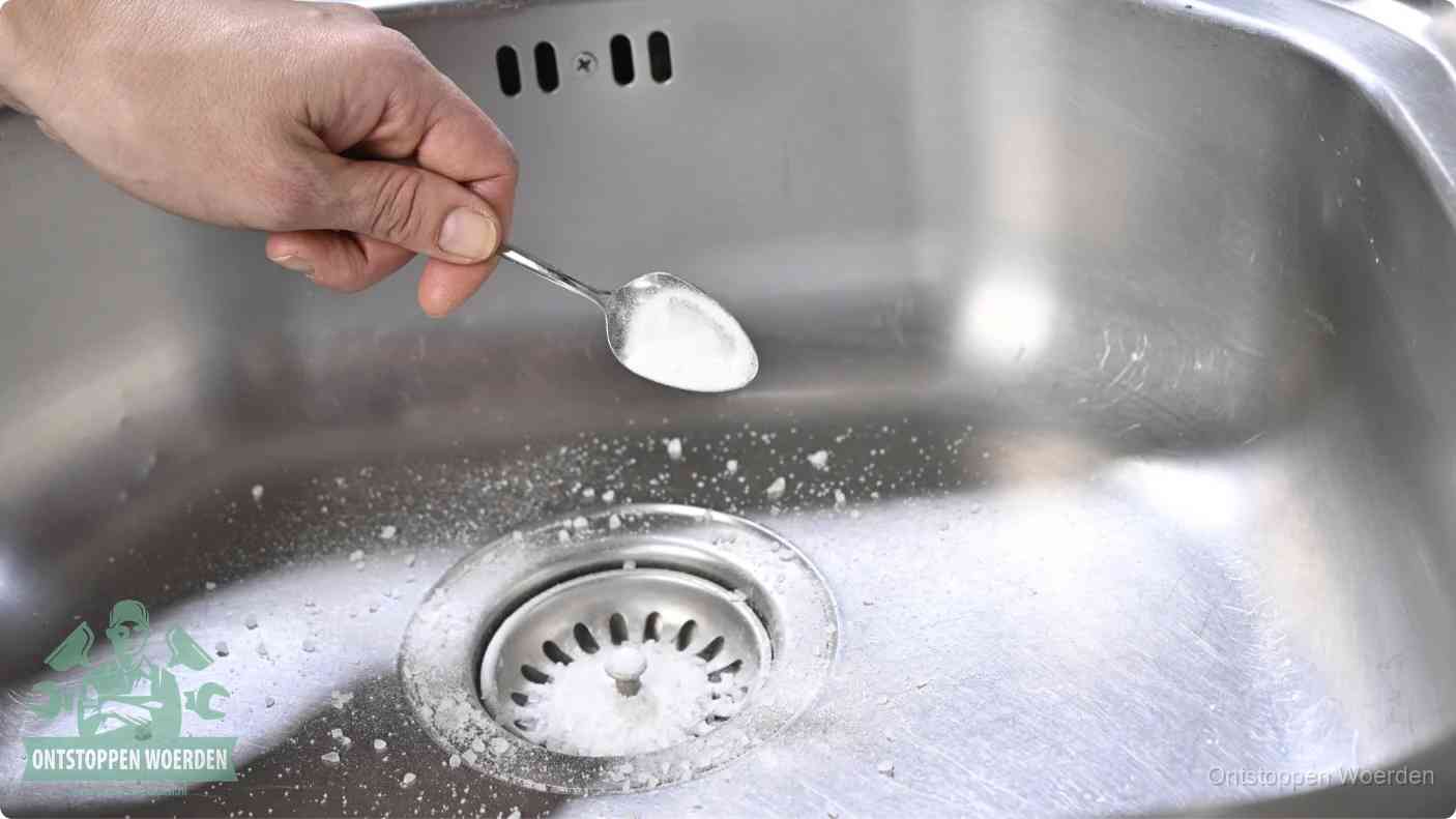 Een hand strooit met een lepel soda in de afvoer van een roestvrijstalen spoelbak, de soda en azijn huismiddel-methode om de afvoer te ontstoppen in Woerden