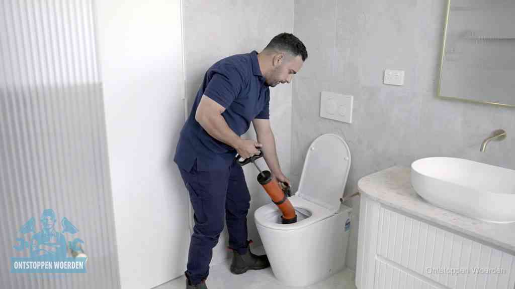 Een monteur buigt over een wandcloset en duwt met de hand een persluchtontstopper in de toiletpot om de verstopping handmatig los te maken in Woerden