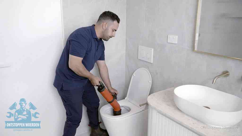 Een man gebruikt een handmatige luchtdruk-ontstopper in een modern betegeld toilet om zelf de wc te ontstoppen in Woerden